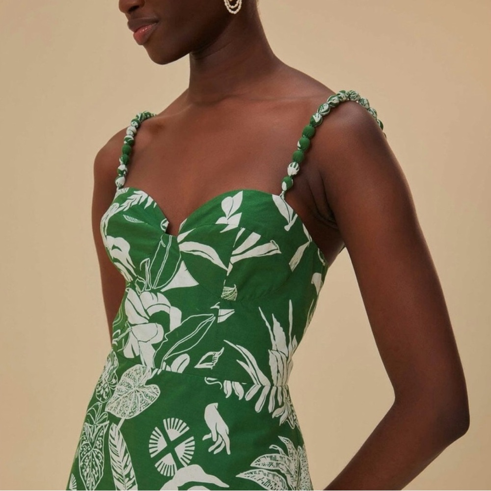 FARM Rio Green and White Sleeveless Sundress